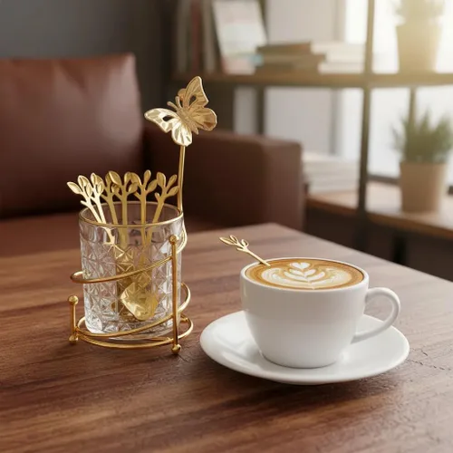 Vista 6 de Juego de 6 cucharas de café con soporte de vidrio, Juego de cucharas pequeñas de té de acero inoxidable dorado, Juego de mini cucharas de postre