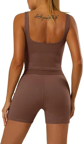 Vista 5 de JTWF Conjunto de entrenamiento casual de 2 piezas para mujer, camiseta sin mangas acanalada, cintura alta, leggings de yoga, ropa deportiva