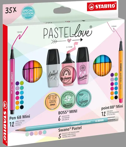 Vista 7 de STABILO Juego de bolígrafos Pastelove – Paquete de 35 – punto 88 Mini, bolígrafo 68 Mini, BOSS MINI y Swano Pastel – Fineliner, punta de fibra