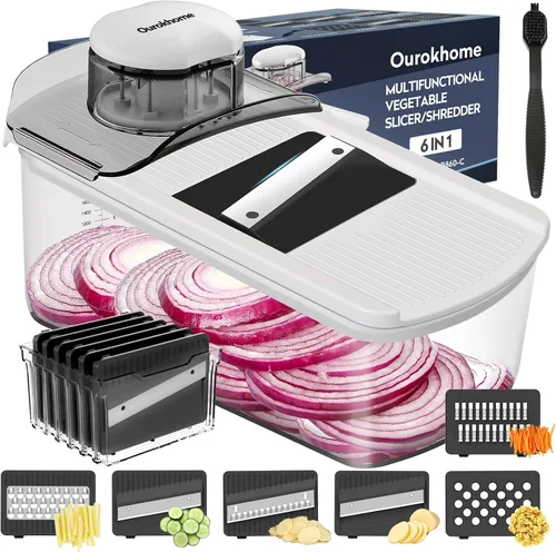 Vista 10 de Ourokhome Cortador de mandolina para cocina, rallador de verduras seguro para manos con 6 cuchillas de mandolina, cortador de gofres para papas