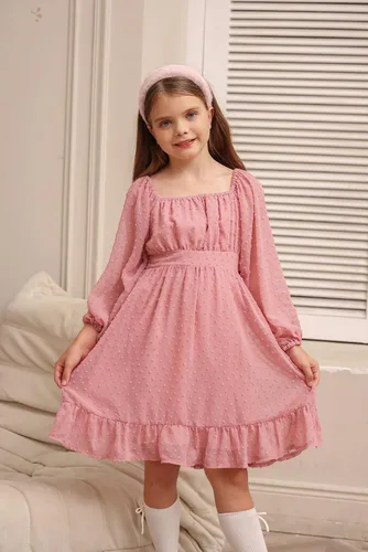 Vista 2 de GRACE KARIN Vestido escalonado con volantes para niñas, vestido acampanado de manga larga con lunares suizos, 6-12 años