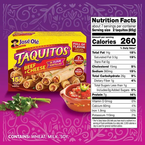 Vista 2 de Jose Ole Taquitos de harina con carne y queso congelados, caja de 22.5 onzas
