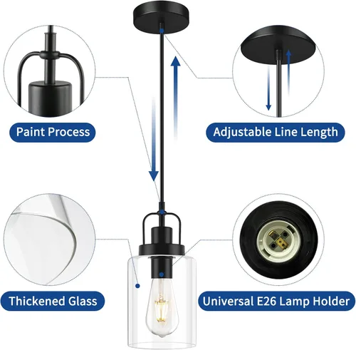 Vista 3 de Lámpara colgante de granja, luces colgantes rústicas negras para isla de cocina, iluminación de techo colgante industrial sobre mesa con pantalla