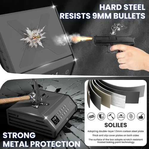 Vista 6 de Caja Fuerte para Pistolas, Caja Fuerte Biométrica para Pistola de 3 Formas con Pantalla LCD de Temperatura y Humedad, Puerto USB, Fuente