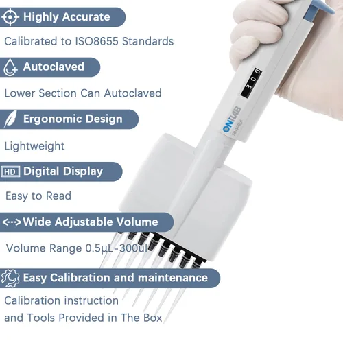 Vista 3 de ONiLAB Micropipeta de laboratorio, pipetas multicanal de 8 canales de volumen ajustable, 0.5-10μl