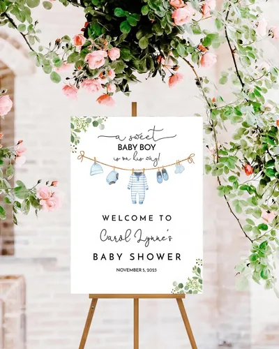 Vista 3 de Señal de Bienvenida Personalizada para Baby Shower de Niño, Señal de Baby Shower Niño, Decoraciones de Baby Shower Azul Boho de Oso Sol, Aquí Viene