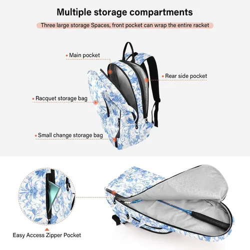 Vista 5 de Mujeres Hombres Bolsa de Tenis Resistente al Agua Vintage Azul Blanco Rosas 3 Raquetas Bádminton Bolso de Hombro para Mujeres Hombres de Tenis