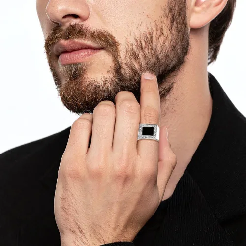 Vista 6 de Anillo de plata de ley 925 para hombre con circonita cúbica y ónix negro