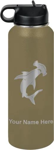 Vista 68 de LaserGram Botella de agua personalizada, tiburón martillo, acero inoxidable de doble pared aislada al vacío con popote superior, regalo grabado