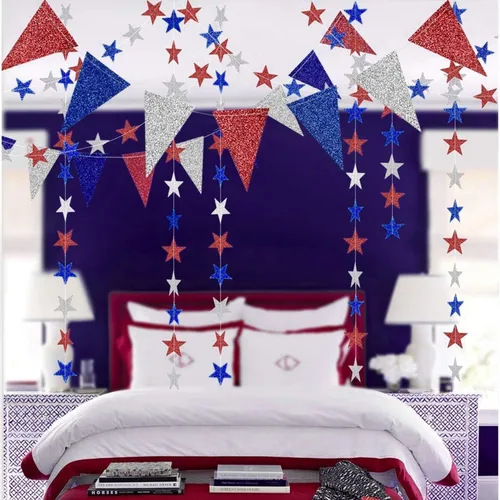 Vista 6 de Decor365 Juego de decoraciones patrióticas del 4 de julio, banderines de estrellas con purpurina, banderines rojos, blancos y azules, guirnalda
