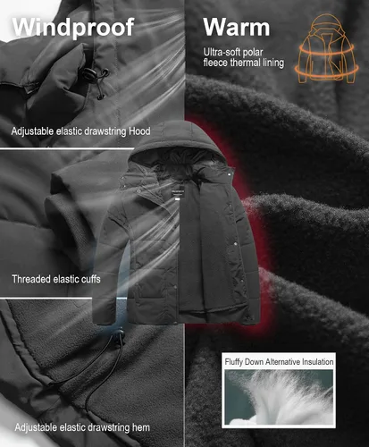 Vista 4 de CREATMO US Chaqueta acolchada cálida de talla grande para mujer, abrigo de invierno con forro polar impermeable con capucha extraíble