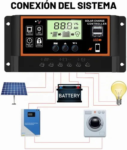 Vista 3 de Controlador de carga solar 60A, 12V/24V, pantalla LCD, parámetro ajustable, ajuste del temporizador, USB, regulador de carga automática (negro)