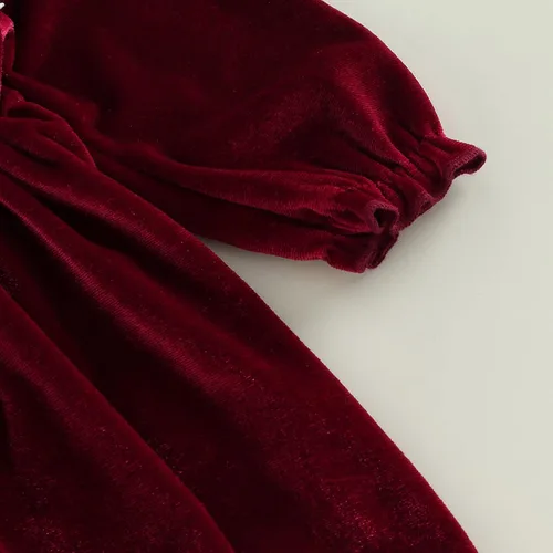 Vista 5 de Trajes de Navidad para niñas pequeñas, vestido de manga larga, falda vintage de encaje de una pieza, vestido de fiesta de terciopelo rojo, vestido