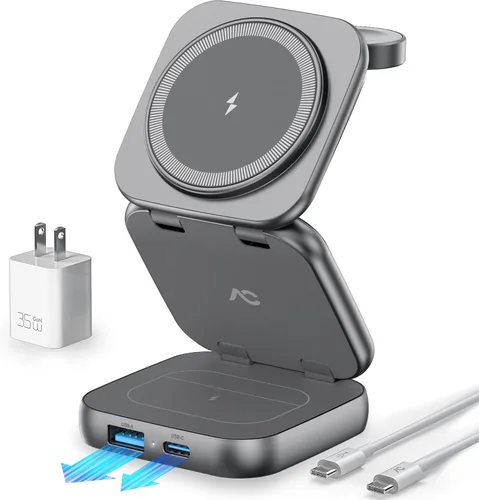 Vista 10 de Cargador inalámbrico 5 en 1 para MagSafe, estación de carga de viaje portátil AC ISLAND de 35 W, soporte magnético plegable rápido Qi2 de 35 W