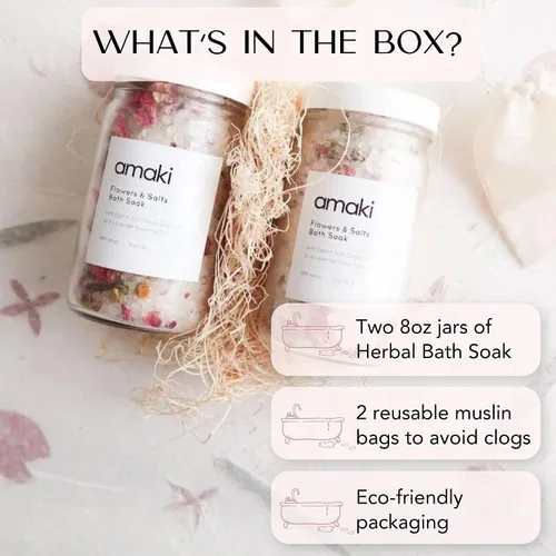 Vista 3 de Juego de flores y sales de baño Amaki Skincare con aceite esencial lavanda, pétalos de rosa, lavanda, caléndula y flores de manzanilla (2 paquete)