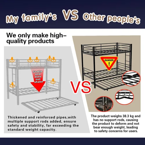 Vista 5 de Twin Over Twin Bunk Bed with Trundle, Heavy Duty Bunk Beds Frame with Side Ladders Convertible Bunkbed with Safety Guard Rails, No Box Spring Needed