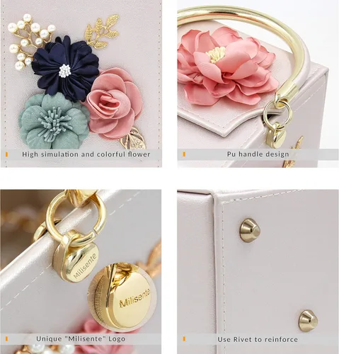 Vista 4 de Milisente Bolso de mano de noche para mujer, caja cuadrada floral, bolsos de noche, bolsos cruzados de hombro, bolso de mano de flores para boda