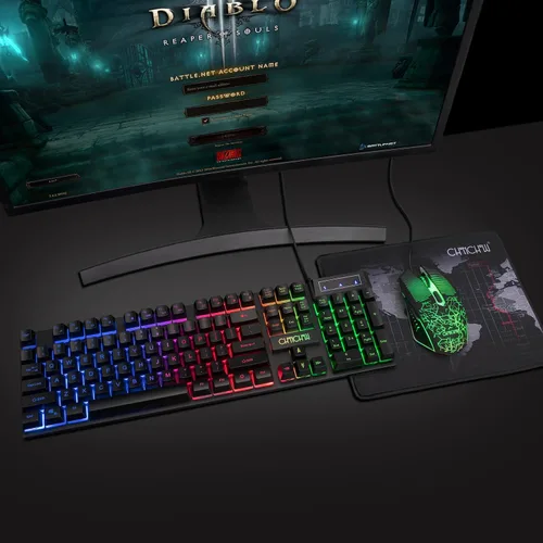 Vista 7 de CHONCHOW Teclado y mouse para juegos con retroiluminación LED USB con iluminación de 104 teclas 3600DPI 2 botones laterales Teclado de mouse