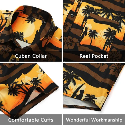 Vista 4 de Camisas hawaianas de manga corta para hombre, camisas tropicales casuales de verano, con botones, floral, para vacaciones, playa, Aloha Hawaii