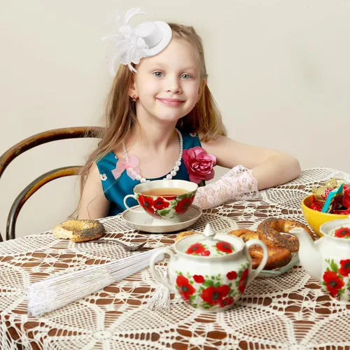 Vista 4 de Sintege 4 piezas de suministros de fiesta de té para niñas, guantes de fiesta de té, sombreros para niñas y niños, collar de fiesta de té