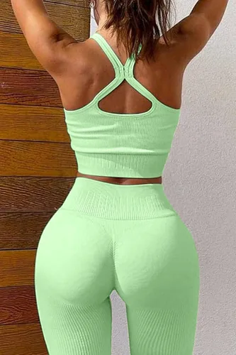 Vista 2 de QINSEN Conjuntos de entrenamiento sin costuras para mujer conjuntos de leggings de yoga de cintura alta acanalados de 2 piezas