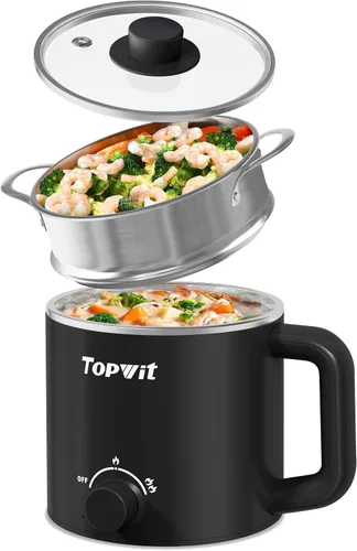 Vista 9 de Topwit Olla eléctrica, olla eléctrica, olla ramen de 1.6 L, olla eléctrica multifuncional para pasta, shabu-shabu, avena, sopa y huevo con Negro