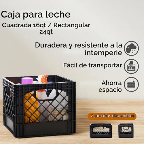 Vista 4 de Caja rectangular de plástico para almacenamiento tipo crate para leche con asas, organizador apilable de 24 cuartos de galón para garaje, hogar