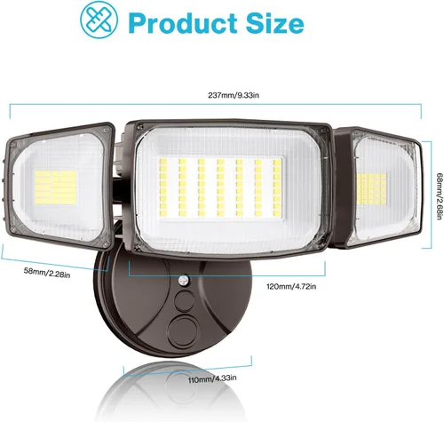 Vista 9 de Olafus Luces de inundación de 55 W para exteriores, luces LED de seguridad de 5500 LM, luz de inundación exterior de 6500 K con 3 cabezales Marrón