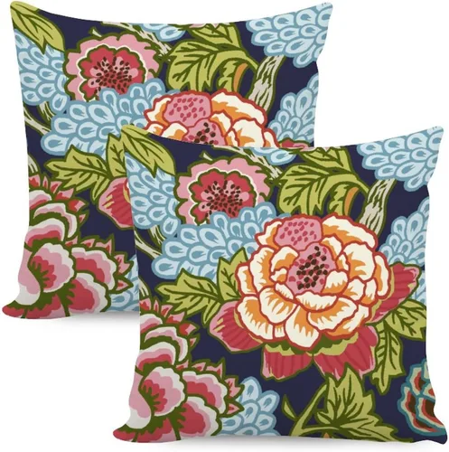 Vista 11 de Juego de 2 almohadas coloridas de estilo chinoiserie, color rosa intenso, azul real, peonía, floral, blanco, lino, estilo chinoiserie, para sofá