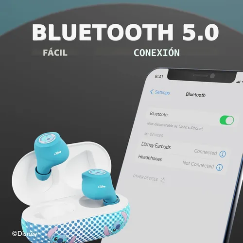 Vista 6 de Auriculares Bluetooth Disney Lilo y Stitch con estuche de carga - Auriculares inalámbricos con micrófono incorporado + Hasta 30 horas de tiempo