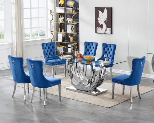 Vista 38 de Moderno juego de mesa de comedor de cristal de 5 piezas para 4, 70 pulgadas rectangular con 4 sillas copetudas de terciopelo beige, juego de mesa
