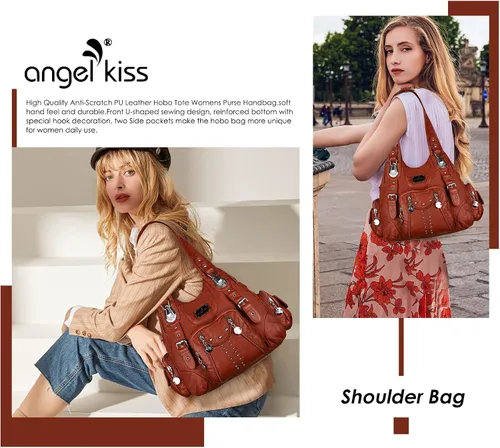Vista 7 de Angel Kiss Bolsos de mano para mujer, de piel sintética suave, bolsas de hobo grandes para damas, asa superior, bolso de hombro, bolso con asa