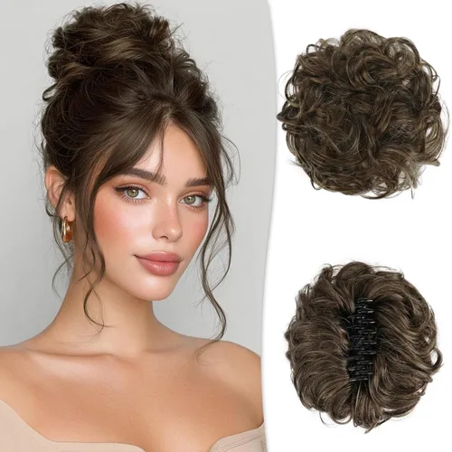 Vista 25 de RUWISS Extensiones de cabello humano real, ondulado y rizado, moño despeinado, cola de caballo para mujer (12H24# castaño rojo/rubio mediano)