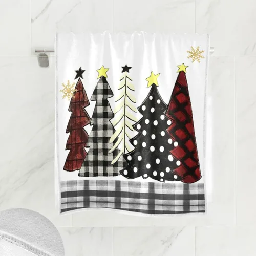 Vista 2 de Wamika Toalla de baño de mano con árbol de Navidad de invierno, color negro y blanco, búfalo a cuadros, toalla para grifo de cocina, baño, muñeco