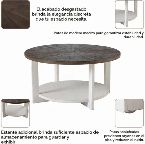 Vista 7 de Mesas de centro redondas de madera con almacenamiento, mesa de centro rústica con parte superior de madera envejecida, mesa circular grande