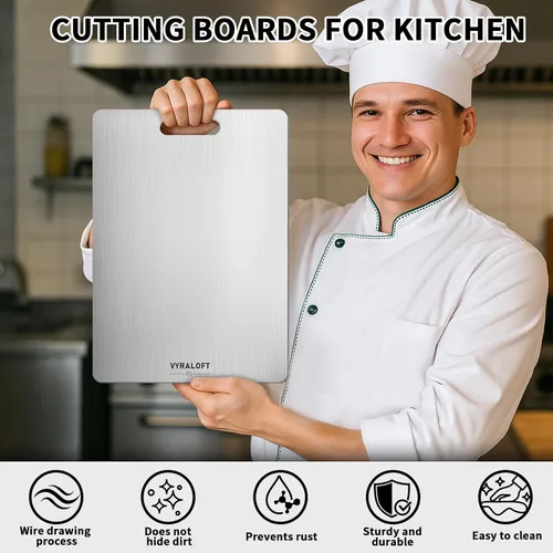 Vista 2 de Tabla de Cortar de Titanio Para Cocina Juego de 3, Tablas de Cortar de Titanio 100% Puro, Calidad de Grado Alimenticio de Doble Cara, Fácil