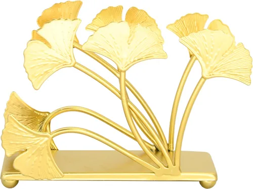 Vista 3 de Owlgift Servilletero moderno de hoja de ginkgo dorado pintado – Servilletero de papel decorativo de hierro de primera calidad de 6.7 pulgadas