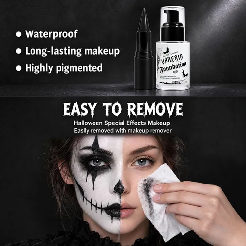 Vista 5 de Base blanca de Halloween y lápiz labial negro, maquillaje gótico