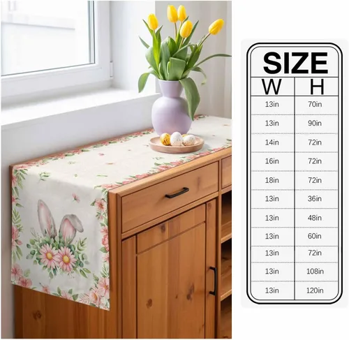 Vista 8 de Camino de mesa de Pascua de 36 pulgadas con orejas de conejo para decoración de mesa de cocina y comedor con flores de primavera