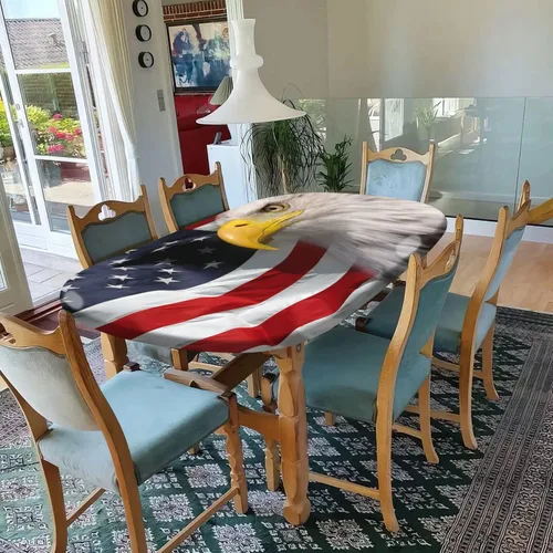 Vista 6 de Manteles Ovalados Ajustables del 4 de Julio, Cubiertas de Mesa con Borde Elástico de Águila Calva Americana sobre Bandera, Se Ajusta a Mesas