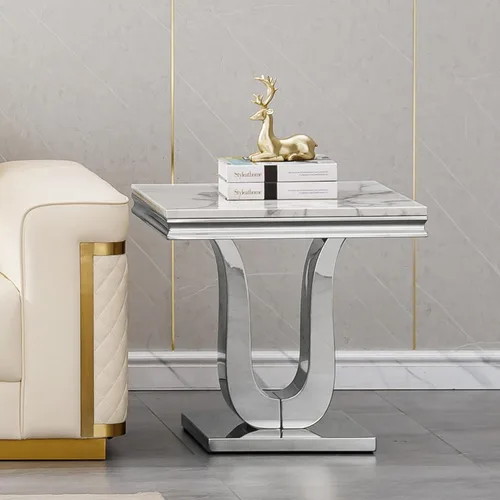 Vista 24 de SSLine Mesa de Centro Rectangular de Mármol Sintético para Sala de Estar, Mesa Central Moderna de Mármol Blanco de Lujo con Base Doble en Forma de U