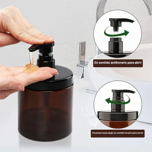 Vista 2 de Dispensador de botellas (3 unidades, 20.3 fl oz/20 onzas), color marrón Botella de plástico de boca ancha sin BPA para almacenamiento de champú