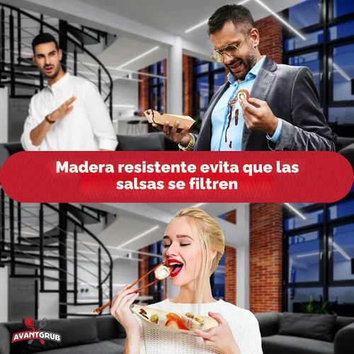 Vista 3 de Paquete de 25 botes de sushi biodegradables extra grandes de 10 pulgadas. Platos de aperitivo 100% desechables. Bandejas de alimentos de madera