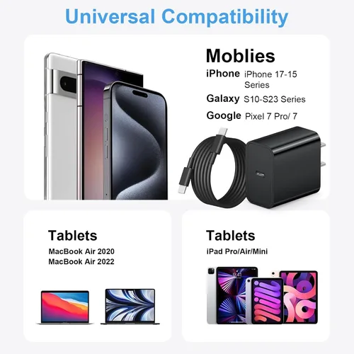 Vista 6 de Cargador de carga rápida para iPhone 17, 16, 15, paquete de 3+3 cargadores de pared USB C de 20 W con cable de carga rápida de 6 pies compatible
