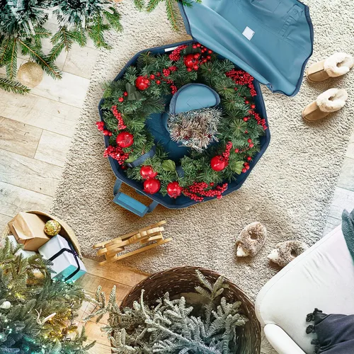 Vista 7 de Contenedor para guardar coronas - Bolsa de almacenamiento para coronas de Navidad de carcasa dura con bolsillos interiores, doble cremallera y asas