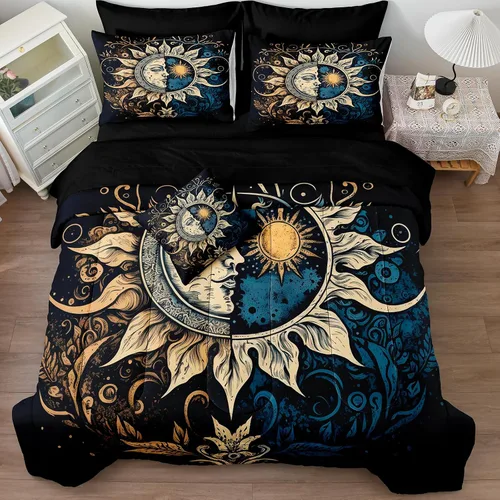 Vista 2 de Juego de edredón de sol y luna negro, juego de ropa de cama boho, ropa de cama de galaxia celestial y espacio estrellado, edredón mandala exótico
