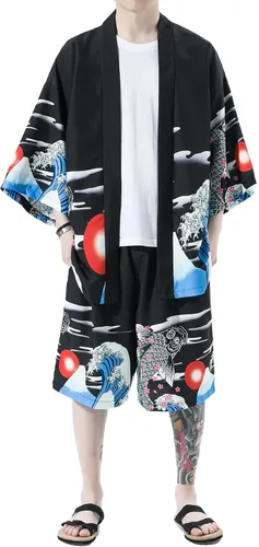Vista 3 de PRIJOUHE Conjunto de kimono de estilo japonés para hombre, ligero, casual, con siete mangas, frente abierto, cárdigan y pantalones cortos