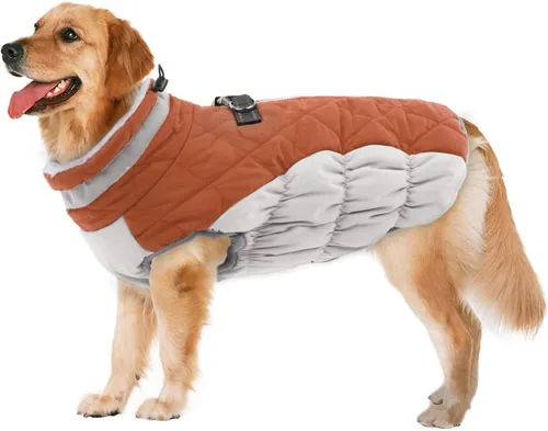 Vista 43 de Lelepet Abrigo cálido para perro, abrigo de invierno para perro, chaqueta impermeable para perros con arnés integrado reflectante de forro polar