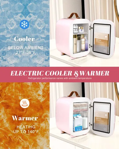 Vista 4 de Mini refrigerador para dormitorio, refrigerador de 4 litros/6 latas para el cuidado de la piel con espejo LED y asa de transporte de cuero