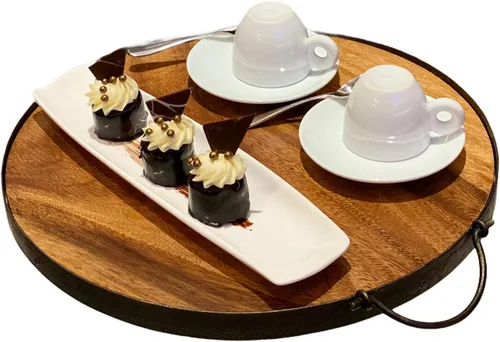 Vista 8 de Bandeja redonda de madera para servir, asas de hierro, tablero de madera de acacia rústica, decorativo para alimentos y bebidas para el hogar, 14
